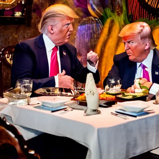 Prompt: donald Trump and joe Biden having dinner at a fancy Balinese restaurant, award winning photography, 85mm, perfect faces