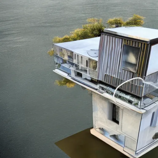 Prompt: a floating luxury house in the sky above a derelict city, the house is floating in the sky