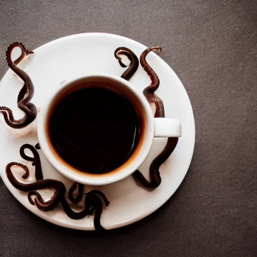 Prompt: an octopus in a cup of coffee, professional photography