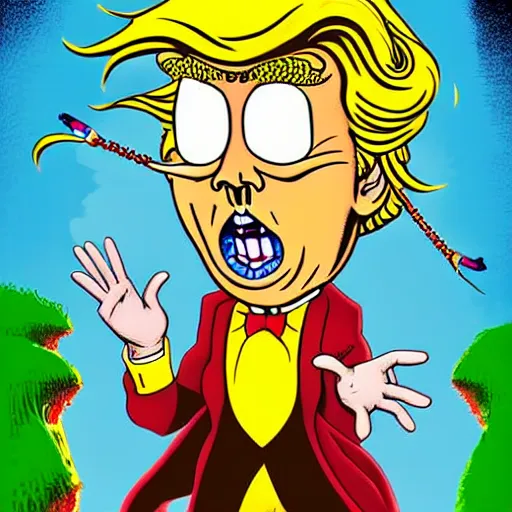 Prompt: donald trump with a third eye living in an extradimensional reality, in the style of goof troop, illustration, epic, fantasy, hyper detailed, smooth