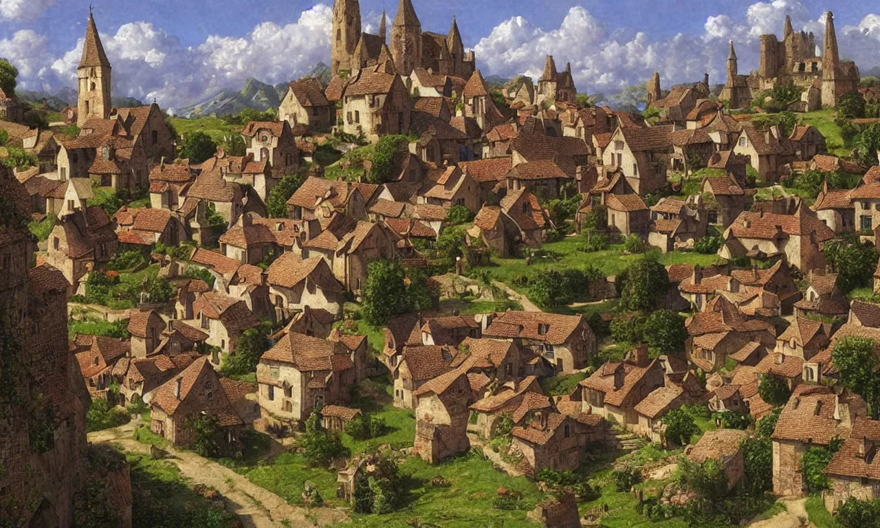 Image similar to beautiful medieval village with a few houses and farms, digital art by James Gurney and John Howe and Alan Lee