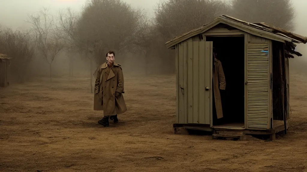 Prompt: a man in a trench coat walks into a shack, it's filled with old technology, film still from the movie directed by Denis Villeneuve, wide lens