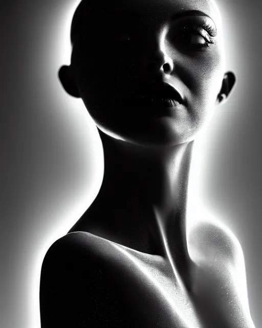 Prompt: black and white high quality photo of a beautiful female vegetal-cyborg looking into a sci-fi mirror, volumetric lighting, brutalism, foggy, dreamy, hyperdetailed, bokeh, photorealistic, cinematic, masterpiece, elegant, dark, by Man Ray in the style of Horst P. Horst, octane render, 8K,