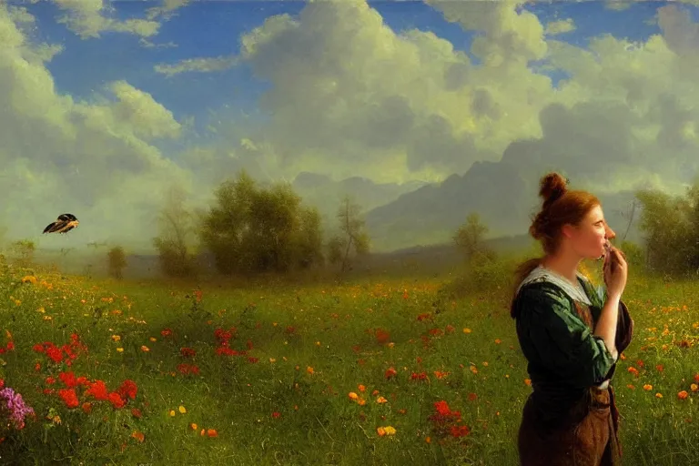 Prompt: highly detailed oil painting of a female bird watcher in a meadow with flowers and birds, colorful, very realistic, albert bierstadt, dramatic light,