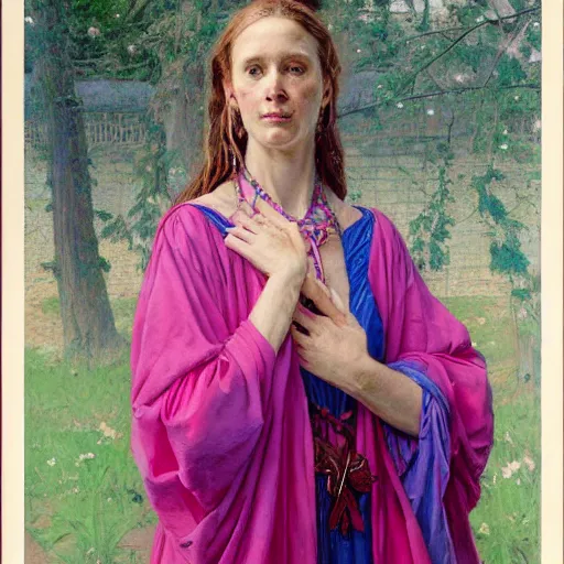 Prompt: a frontal portrait of a priestess, dressed in pink and blue, so happy that her face hurts, by donato giancola and norman rockwell.