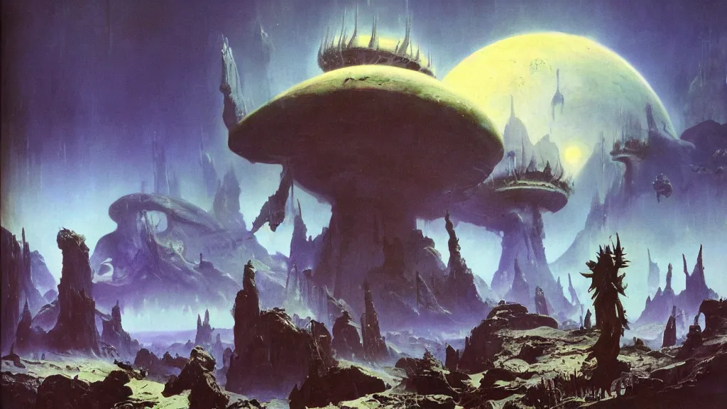 Image similar to eerie alien planet empire by frank frazetta and bruce pennington, cinematic matte painting