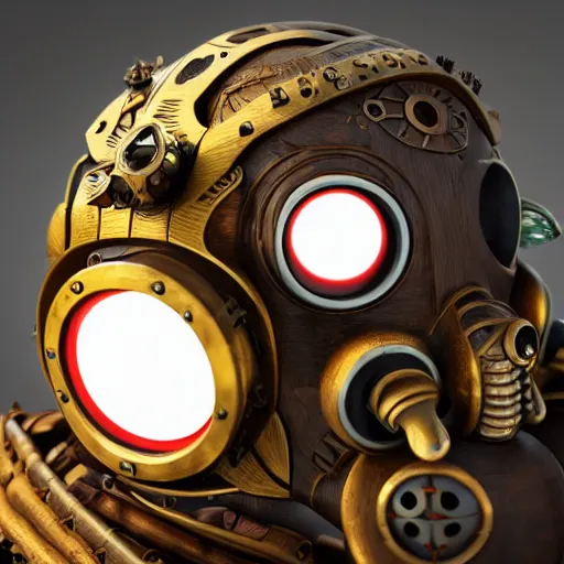 Image similar to steampunk tribal mask, robot, owl, oni, japanese pottery, vivid colors, wood, metal, intricate details, trending on cgsociety, concept art, glowing eyes, sharp focus, ultra realistic details, cinematic atmosphere, global illumination, shadows, octane render, 8 k