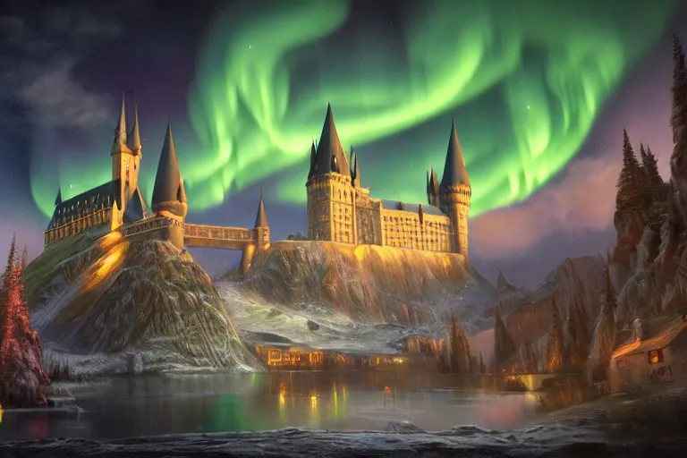 Image similar to mysterious painting of Hogwarts under the northern lights, immaculate scale, hyper-realistic, Unreal Engine, Octane Render, digital art, trending on Artstation, 16k, detailed, atmospheric, immaculate