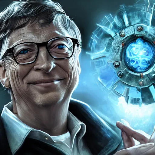 Image similar to portrait of bill gates as a spellcaster, league of legends amazing splashscreen artwork, gears of war, splash art, natural light, elegant, photorealistic facial features, intricate, fantasy, detailed face, atmospheric lighting, anamorphic lens flare, cinematic lighting, league of legends splash art, hd wallpaper, ultra high details by greg rutkowski