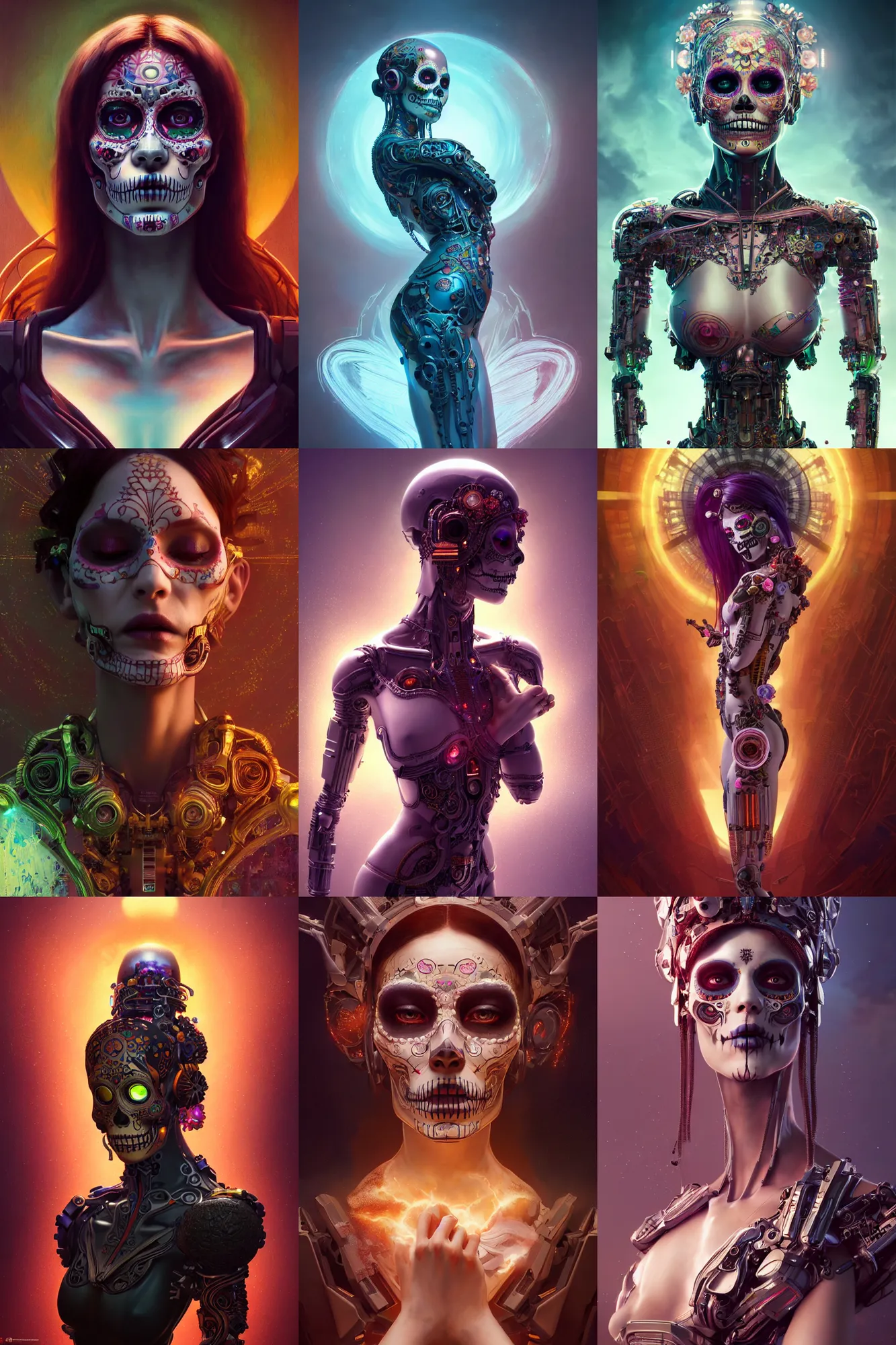 Prompt: the creation, female android, intricate detailed, ultra hyper realistic, dia de los muertos, cyberpunk flowerpunk, octane render, triadic, concept art, unreal engine 5, photorealism, hd, 8 k, 3 d, beautiful, cinematic. art by artgerm and greg rutkowski and alphonse mucha and michelangelo, loish and wlop