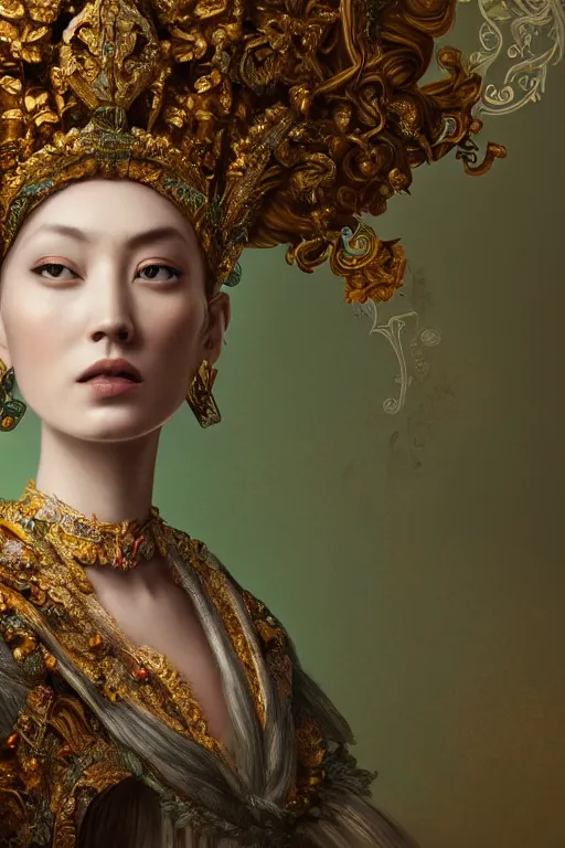 Image similar to a beautiful empress portrait, with a brilliant, impossible striking big salad headpiece, clothes entirely made out of salad, everything salad, symmetrical, dramatic studio lighting, rococo, baroque, greens, asian, hyperrealism, closeup, D&D, fantasy, intricate, elegant, highly detailed, digital painting, artstation, octane render, 8k, concept art, matte, sharp focus, illustration, art by Artgerm and Greg Rutkowski and Alphonse Mucha