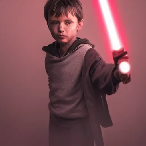 Image similar to boy holding a lightsaber, cinematic art