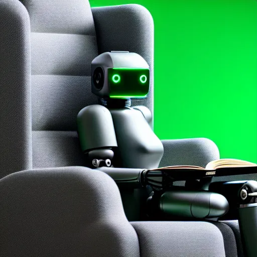 Image similar to futuristic lonely matte dark gray and glossy translucent green full-body humanoid robot with huge expressive comically sad LED eyes and open rectangular mouth sitting on a large comfortable cushioned vintage recliner reading a hardbound leather book. Cinematic Lighting, Cinematic Movie Photograph, Arri Alexa, Extremely Detailed, smooth, very very clean, simple, 8K, octane render, maya render, unreal engine, trending on artstation, DSLR, excellent composition, moody