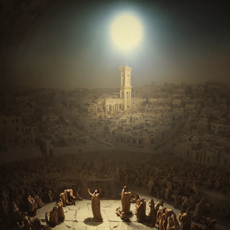 Prompt: judgment day in jerusalem, dream - like atmosphere, symmetrical baroque painting, perfect composition, beautiful detailed intricate insanely detailed octane render trending on artstation, 8 k artistic photography, photorealistic, soft natural volumetric cinematic perfect light, chiaroscuro, award - winning photograph, masterpiece, raphael, caravaggio, greg rutkowski, beeple
