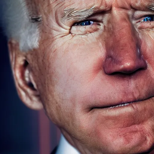 Image similar to Highly detailed close-up photograph of President Joe Biden’s face, slight smirk, single tear rolling down his cheek, photography by Steve McCurry, backlit
