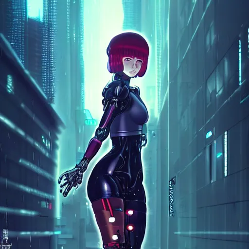 Image similar to cyberpunk anime art, refractions on lens, queen elisabeth as a beautiful cyborg girl in the style of arcane, full round face, biomechanical details, full body shot, rain, wet street, window reflections, lens flare, wlop, ilya kuvshinov, artgerm, krenz cushart, greg rutkowski