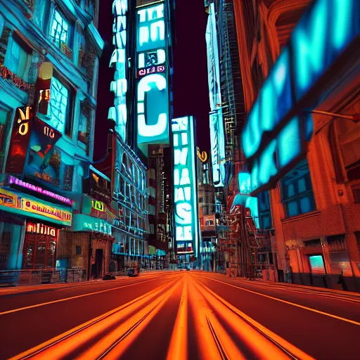 Image similar to driving late at night in a city, city full with people, neon signs everywhere, first person perspective, cinema 4d render, Ray tracing reflection, natural light,