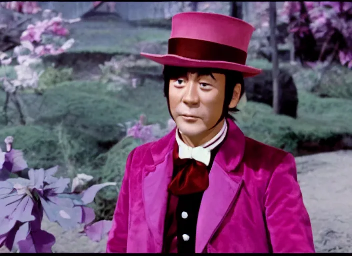 Image similar to film still of Takeshi 69 as Willy Wonka in Willy Wonka and the Chocolate Factory 1971