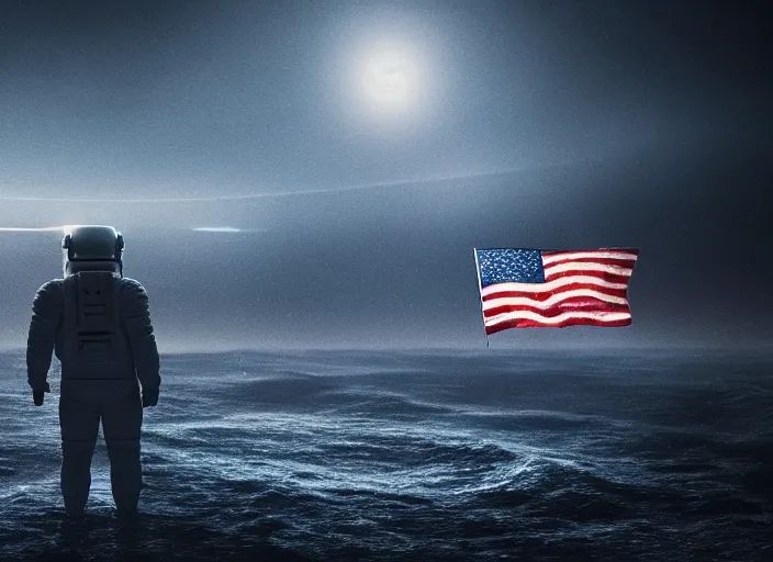 Image similar to astronaut holding a flag in an underwater desert. a submarine is visible in the distance. dark, concept art, cinematic, dramatic, atmospheric, 8 k, trending on artstation, blue, fish, low visibility, fog, ocean floor, christopher nolan, interstellar