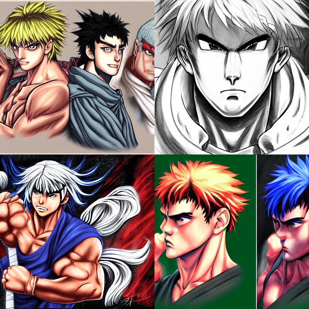 Prompt: ken, street fighter, anime, highly detailed, digital art, centered, portrait, colored accurately, in the style of kentaro miura