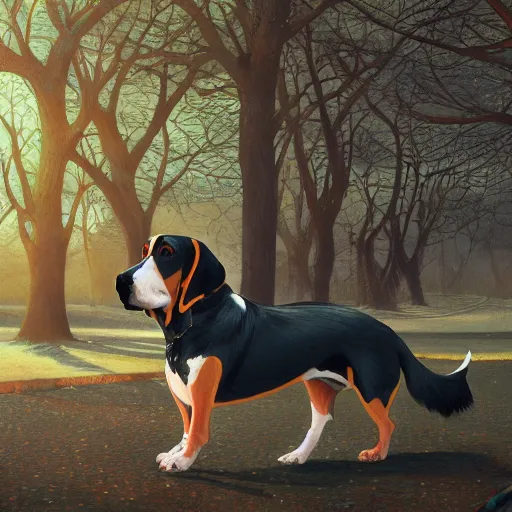 Prompt: a basset hound walking at the park, full shot, focused, ambient lighting, detailed trees, art by ayami kojima, makoto shinkai, kilian eng n - 8