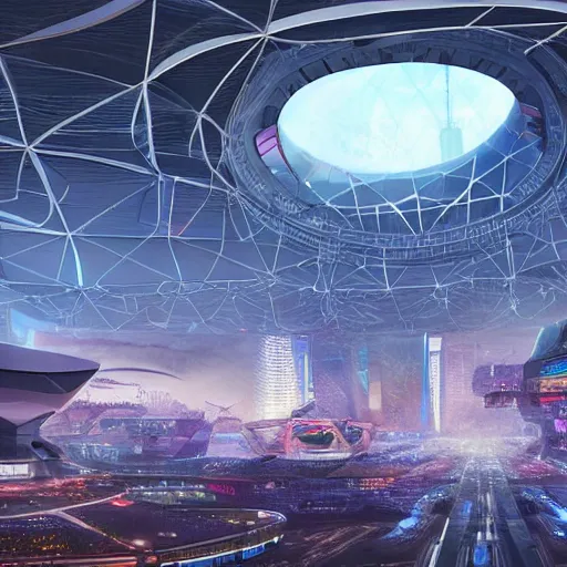 Image similar to a huge futuristic stadium for gladatior combat with a forcefield dome floating above a cyberpunk city, hexagonal shaped, elegant architecture, modern, epic light, elegant, artstation, intricate, highly detailed, ultra realist, hd, digital painting, soft light