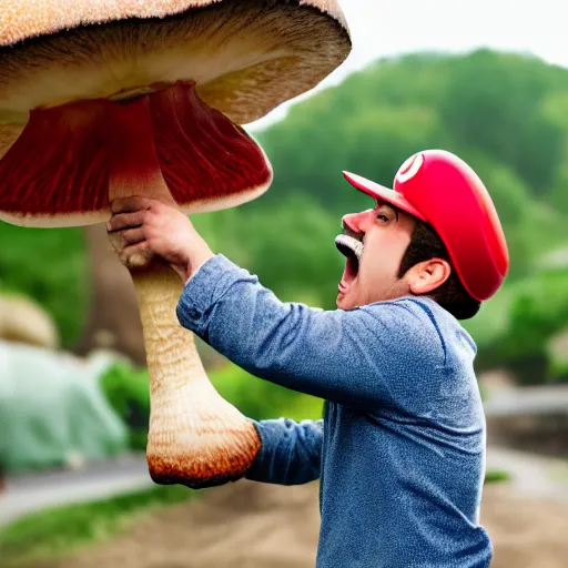 Image similar to photo of real life mario finding a giant mushroom, exhilarated, portrait, closeup. mouth open, 30mm, bokeh