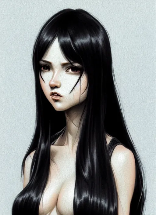 Image similar to full body portrait of long black hair girl within a streetwear. porcelain warforged, cynical face, concept art, character illustrations, intricate, highly detailed 8 k, smooth, matte, sharp focus, rim light, beautiful and aesthetic shape of face and body, artgerm, artstation, art by nira