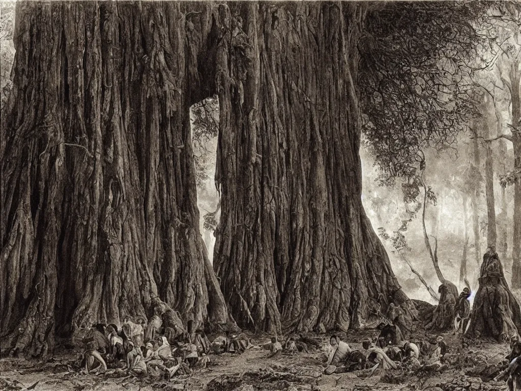 Image similar to People from the tribes stuck in the mud near a giant fallen sequoia tree. Painting by Caspar David Friedrich, Sebastiao Salgado