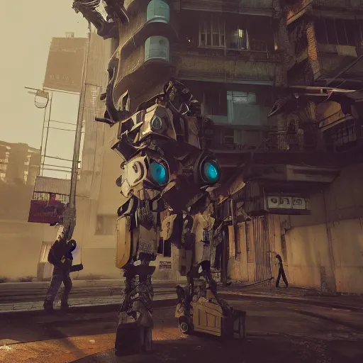 Prompt: six feet tall mech fighting in an urban environment, gaudi, by ismail inceoglu, octane render, by weta digital, cinematic lighting, bump mapped, lumen reflections, action scene screenshot, epic scale