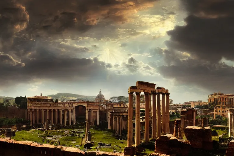 Prompt: Ancient Rome in a Roman valley, dramatic sky, digital art, 4k, 8k, trending on ArtStation