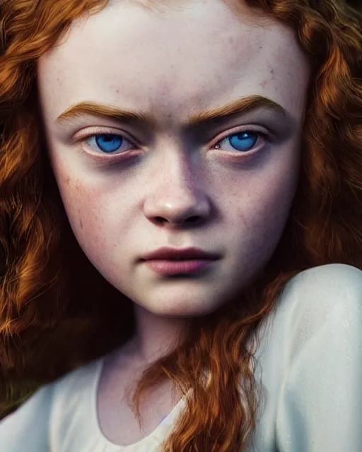 Image similar to Full body potrait of sadie sink as an angel, hyper realistic, prismatic highlights, atmosphere, gorgeous, depth of field, cinematic, macro, concept art, 50mm, artstation, wlop, elegant, epic, weta digital, focus, octane render, v-ray, 8k, kodak portra, art by Liberatore