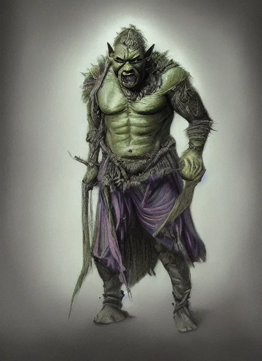 Prompt: detailed full body concept art pastel painting of an orc poet in intricately designed clothing, hyper realistic