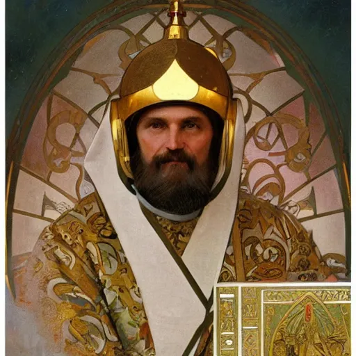 Prompt: painting of russian orthodox astronaut priest with gold visor by alphonse mucha, greg rutkowski, and bekzinski