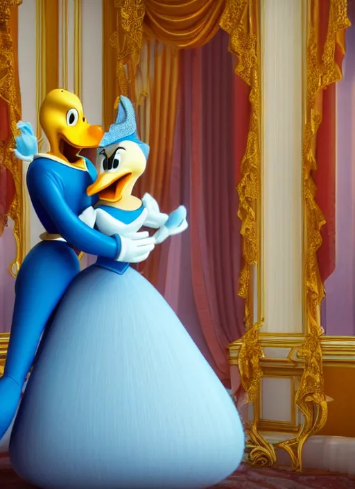 Image similar to cinderella and donald duck on a date the ritz, octane render, elegant, cinematic, elegant, intricate, 8 k