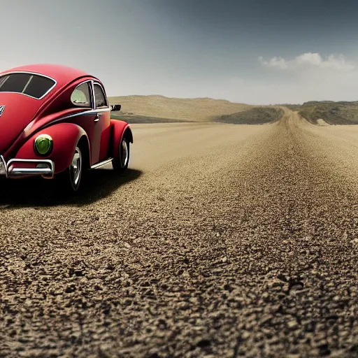 Prompt: promotion movie still of a ( volkswagen beatle ) car is a hybrid of an insect lady bug. the hybrid is racing down a dusty back road. cinematic, 4 k, imax, 7 0 mm