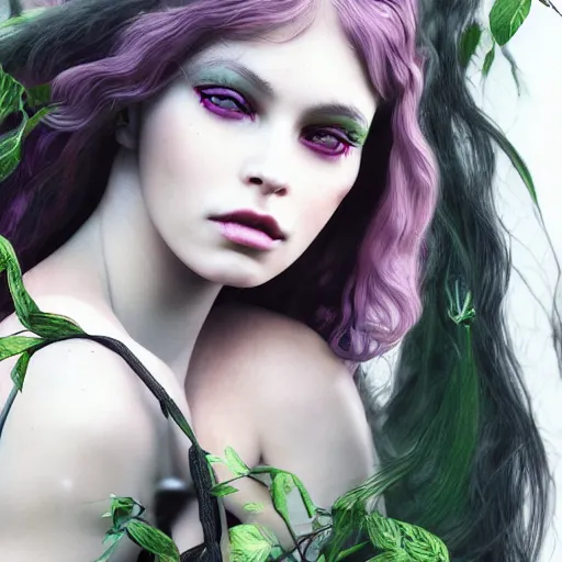 Image similar to the goddess of Spring, she resembles a mix of Grimes, Lana Del Rey, and Zoë Kravitz, in a style blend of Botticelli and Æon Flux, hyperphotorealistic, 4K, stunningly detailed, Arnold render,