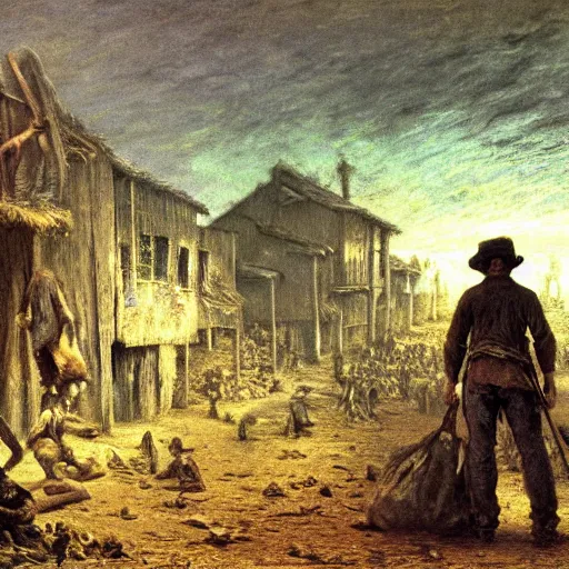 Prompt: jean francois millet as slum neighborhood on lord of the ring, random content position, human face details with, emotion, environment contents detail, incrinate, rgb color