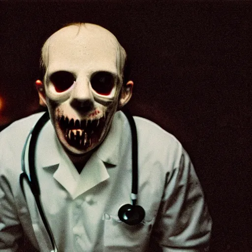Prompt: filmic extreme wide shot dutch angle movie still 35mm film color photograph of a doctor with a missing head, his neck is spurting blood, in the style of an realistic grotesque horror film