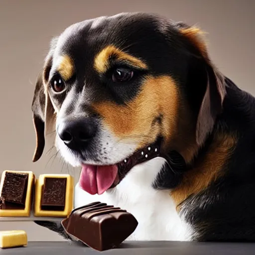 Prompt: a dog eating chocolate