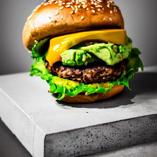 Image similar to juicy vegan hamburger topped with avocado and onion and a vegan fried egg, crispy buns, 8 k resolution, professional food photography, studio lighting, sharp focus, hyper - detailed