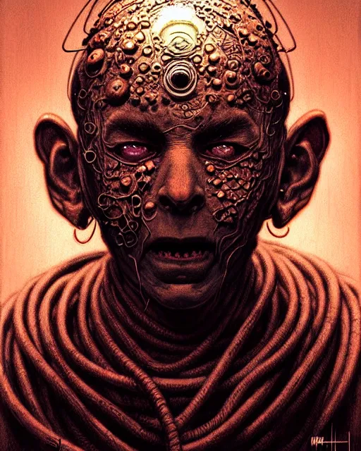 Image similar to zenyatta from overwatch, character portrait, portrait, close up, concept art, intricate details, highly detailed, horror poster, horror, vintage horror art, realistic, terrifying, in the style of michael whelan, beksinski, and gustave dore