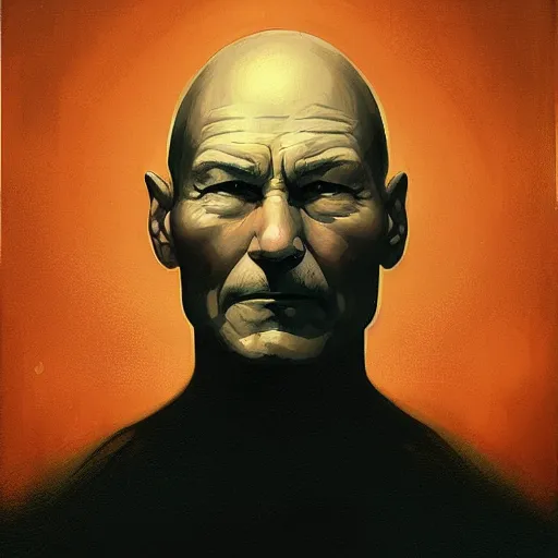 Image similar to portrait of Patrick Stewart, staring at you, black background, curious eyes, by Anato Finnstark, Tom Bagshaw, Brom