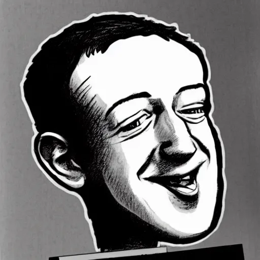 Image similar to a caricature portrait of Mark Zuckerberg drawn by Mort Drucker Mad Magazine