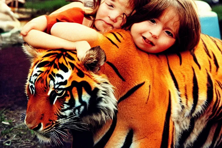 Image similar to close-up color film photography 1970s, girl hugs a tiger, soft light, 35mm, film photo, Joel Meyerowitz