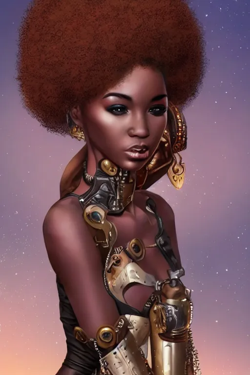 Image similar to beautiful steampunk african girl with a large afro holding. smart pose, tight futuristic armor, artgerm, trending on artstation, character concept art, bokeh