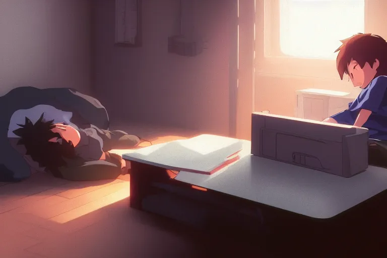 Image similar to a boy sleeping in front of a computer desk, medium shot, waist up, studio ghibli, pixar and disney animation, sharp, rendered in unreal engine 5, anime key art by greg rutkowski, bloom, dramatic lighting