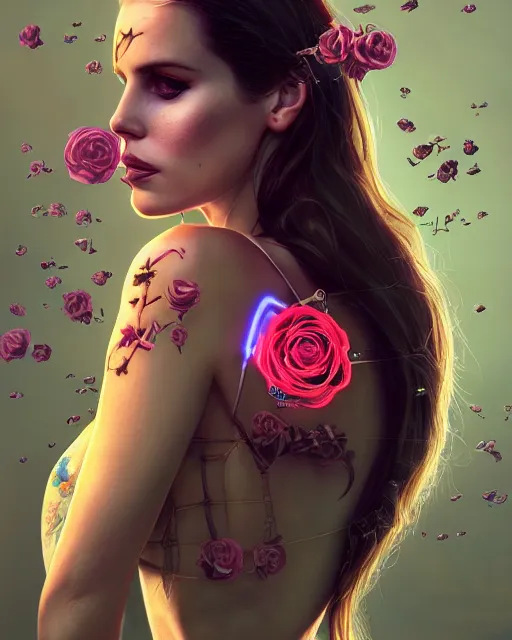 Image similar to portrait of lana del rey as a cyberpunk cyborg. roses sci - fi intricate abstract upper body intricate artwork, roses, rose petals, by tooth wu, wlop, beeple, dan mumford. concept art, octane render, deviantart, greg rutkowski, cinematic arthouse, key art, hyper realism, iridescent accents