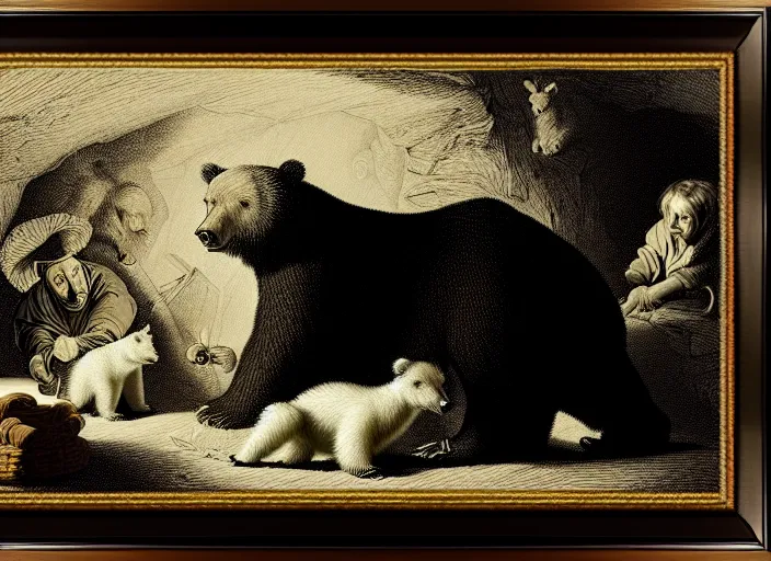 Image similar to Pieter Claesz's 'bear and her cubs sleeping in a dark cave lit by campfire', night time, cross hatching, framed