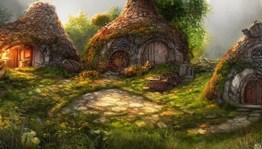 Image similar to concept art of a beautiful hobbit - holes in a village, digital art, trending on artstation